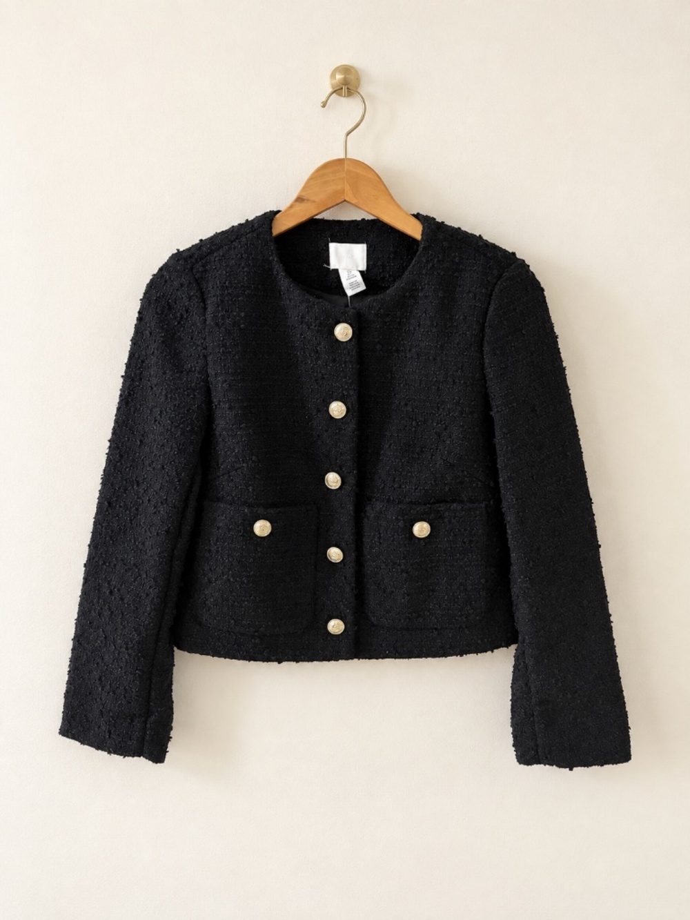 H&M Women's Black Boxy Cropped Textured Tweed Jacket Gold Buttons Size S
